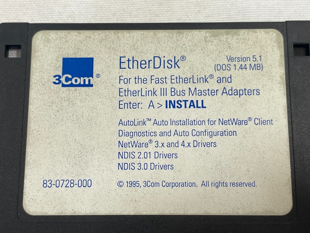 Vintage 1998 3Com EtherDisk XL Version 3.1 PC Computer Software 3.5" Floppy Disk