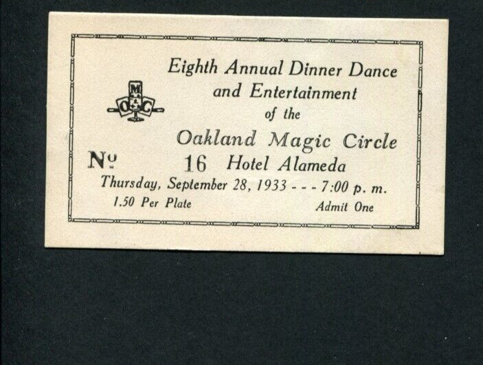 Vintage Magic Tickets: 1933 Oakland Magic Circle Dinner-Dance