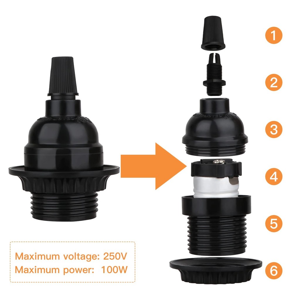 8 Pack E26 E27 Light Sockets, Black Medium Screw Base with Shade Ring, Retro ...