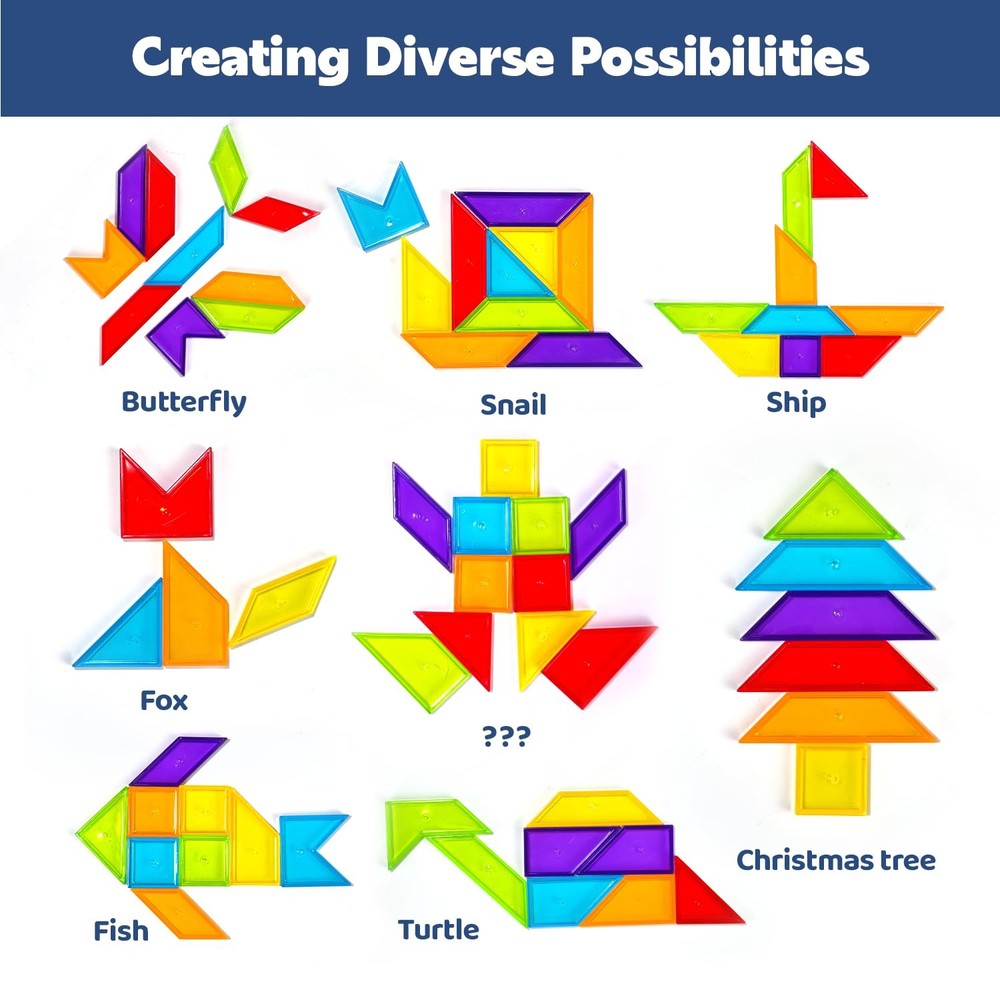 Transparent Pattern Blocks, 126 Pcs Geometric Shapes Blocks, Tangram Puzzles,...