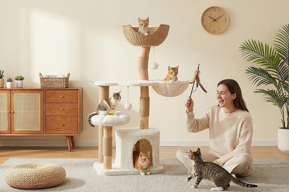 48.5'' Modern Cat Tree for Large, Cozy Hammock, Scratching Post, White