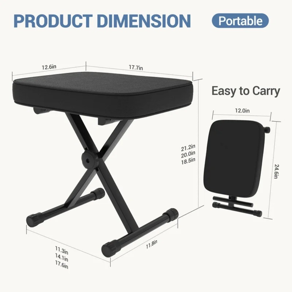 Portable Adjustable Piano Bench, Folding Keyboard Stool with Thick Padded Seat