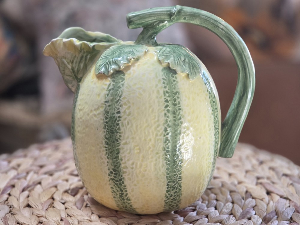 Studio Art Pitcher Leafy Melon Shaped Pitcher W/ Leafy Spout & Stem Handle