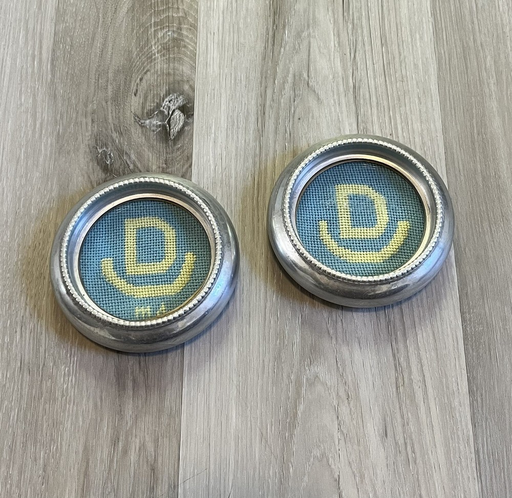 2 Vintage Silver Plate Coasters Needlepoint With Initial D