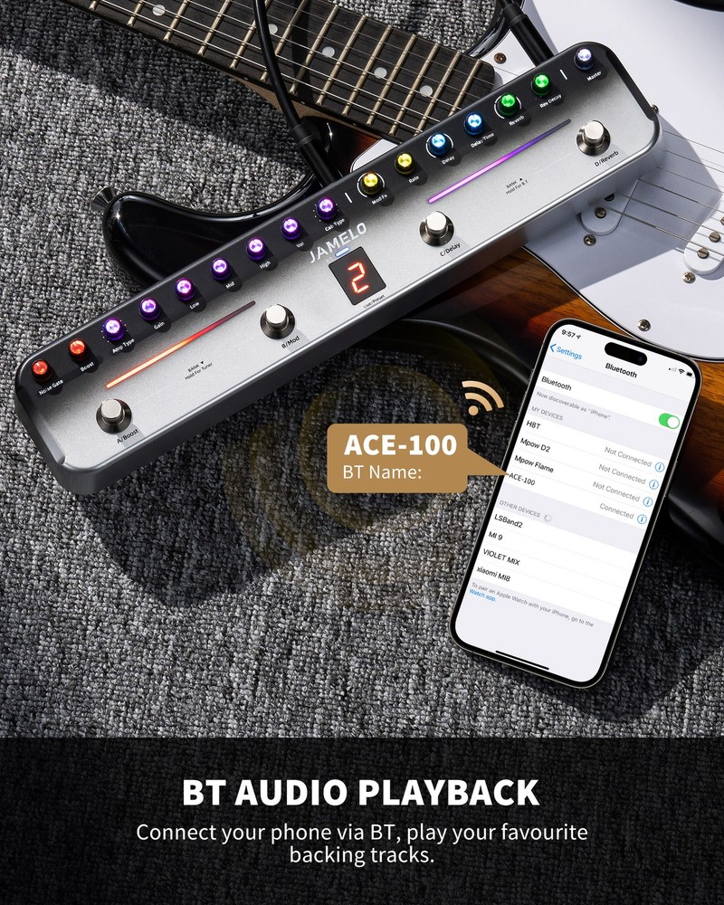 JAMELO Multi Effects Guitar Pedal Processor 8 Amp 8 IR Bluetooth fr Phone PC App