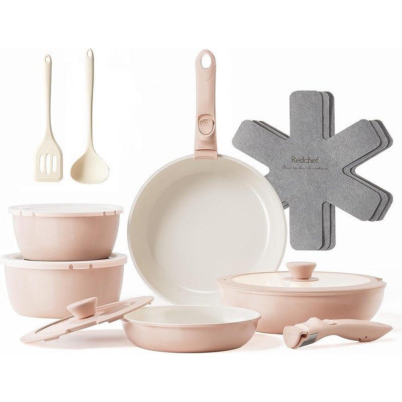 16pcs Nonstick Ceramic Cookware Set Stackable Oven Safe Removable Handle New