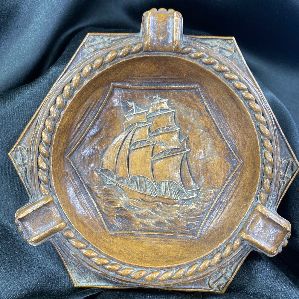 Vintage Syroco Wood Ashtray with Ships