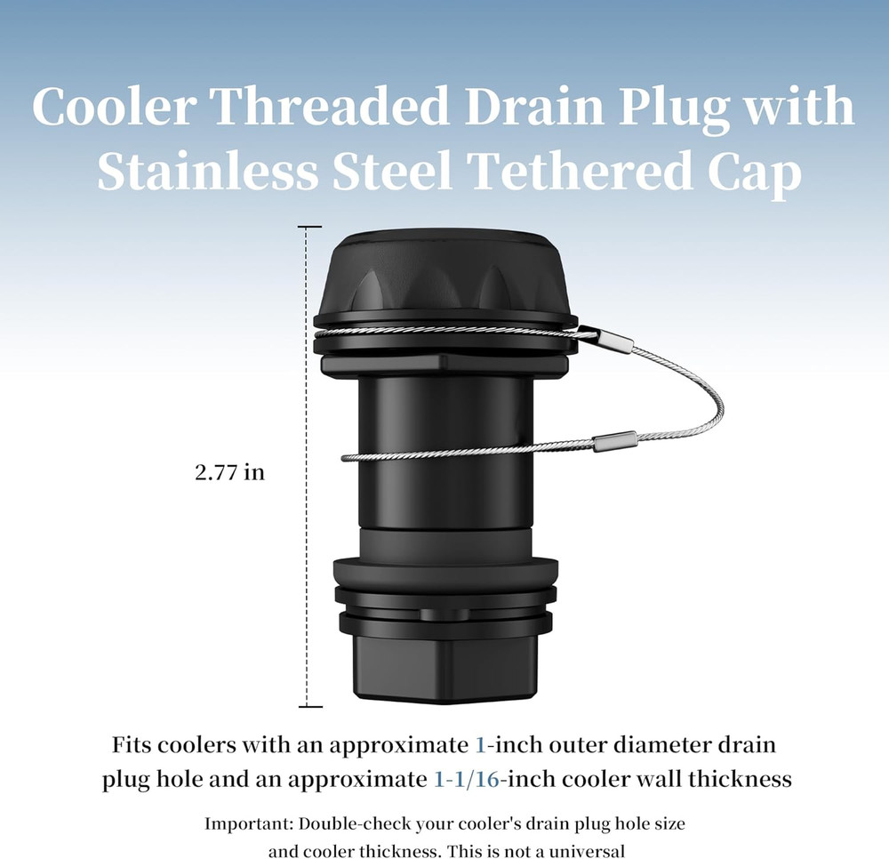Black Cooler Drain Plug Replacement with Stainless Steel Tether, Leak-Proof D...