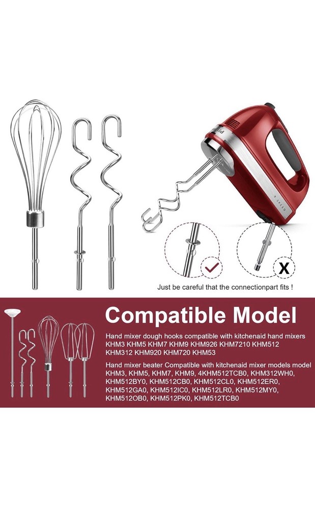 KitchenAid Hand Mixer Attachments Set - Beaters, Whisk, Dough Hooks, Silver