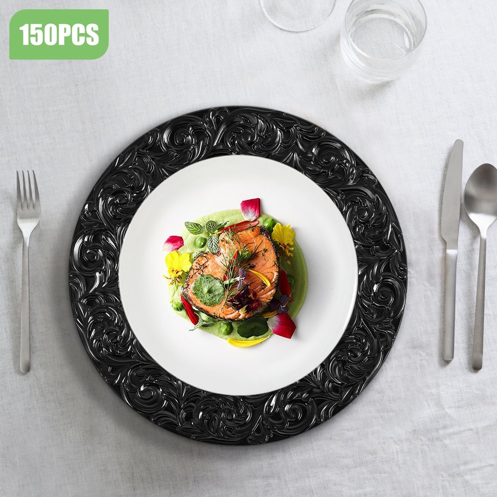 150 Black Plastic Plates Set - Disposable Dinner Plates Bulk Pack for Par