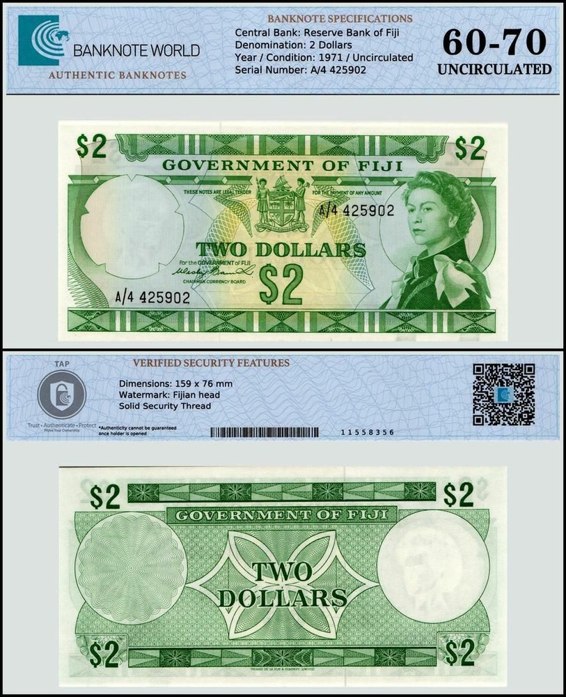 Fiji 2 Dollars, 1971 ND, P-66a, UNC, Authenticated Banknote
