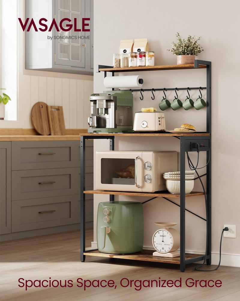 4-Tier Kitchen Bakers Rack with Power Outlet, Adjustable Shelf, Coffee Bar Stand