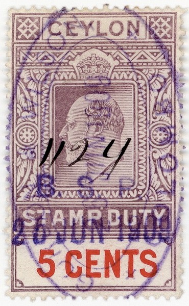 (I.B) Ceylon Revenue : Stamp Duty 5c (1905)