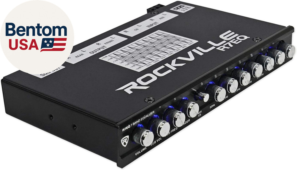R7EQ 1/2 Din 7 Band Car Audio Equalizer, Front/Rear/Sub Outputs, Blue LED Knobs,