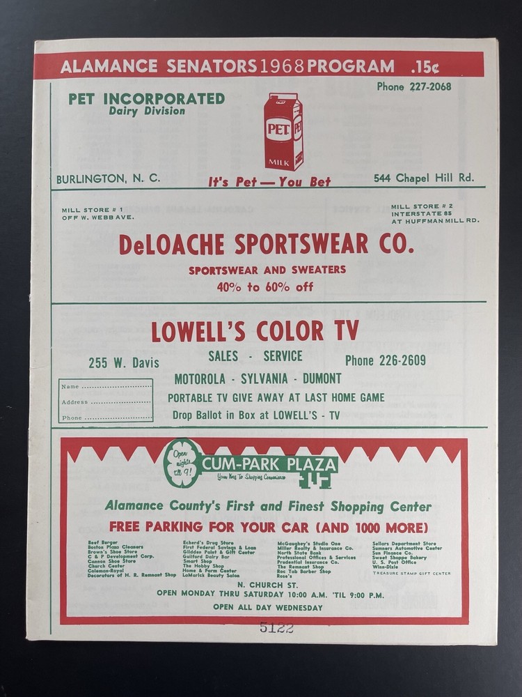 1968 Alamance Senators Baseball Program Scorecard Minor League