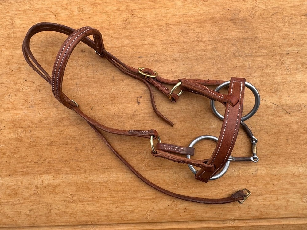 BOWMAN Handmade Leather Sidepull Headstall w Heavy 3 Piece Dog Bone Snaffle Bit