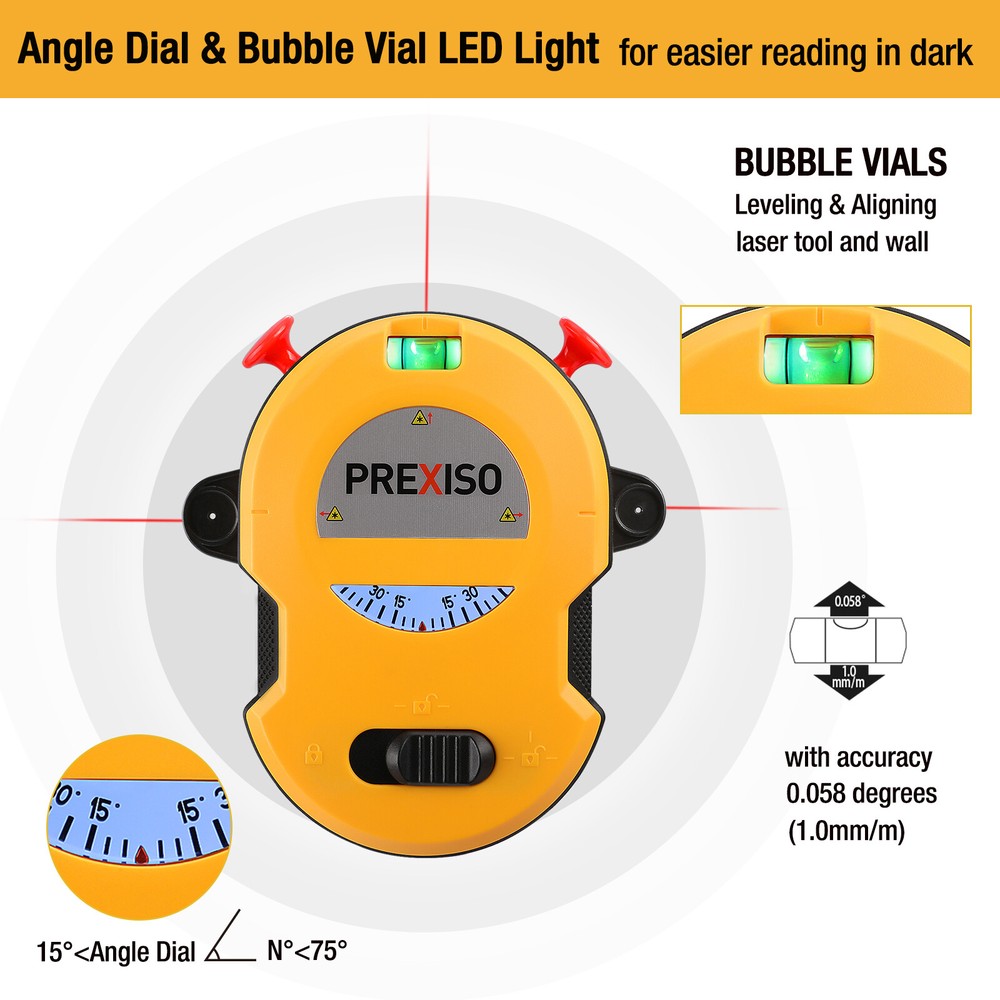 PREXISO 30Ft Multi Surface Laser Level LED Light Horizontal Vertical Line Laser