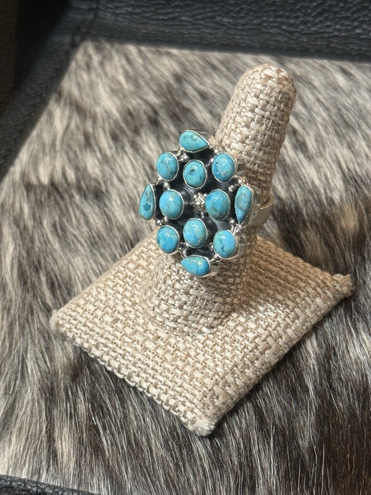 Native Southwest Sterling Silver Blue Turquoise Cluster🩵💙 Ring Adjustable