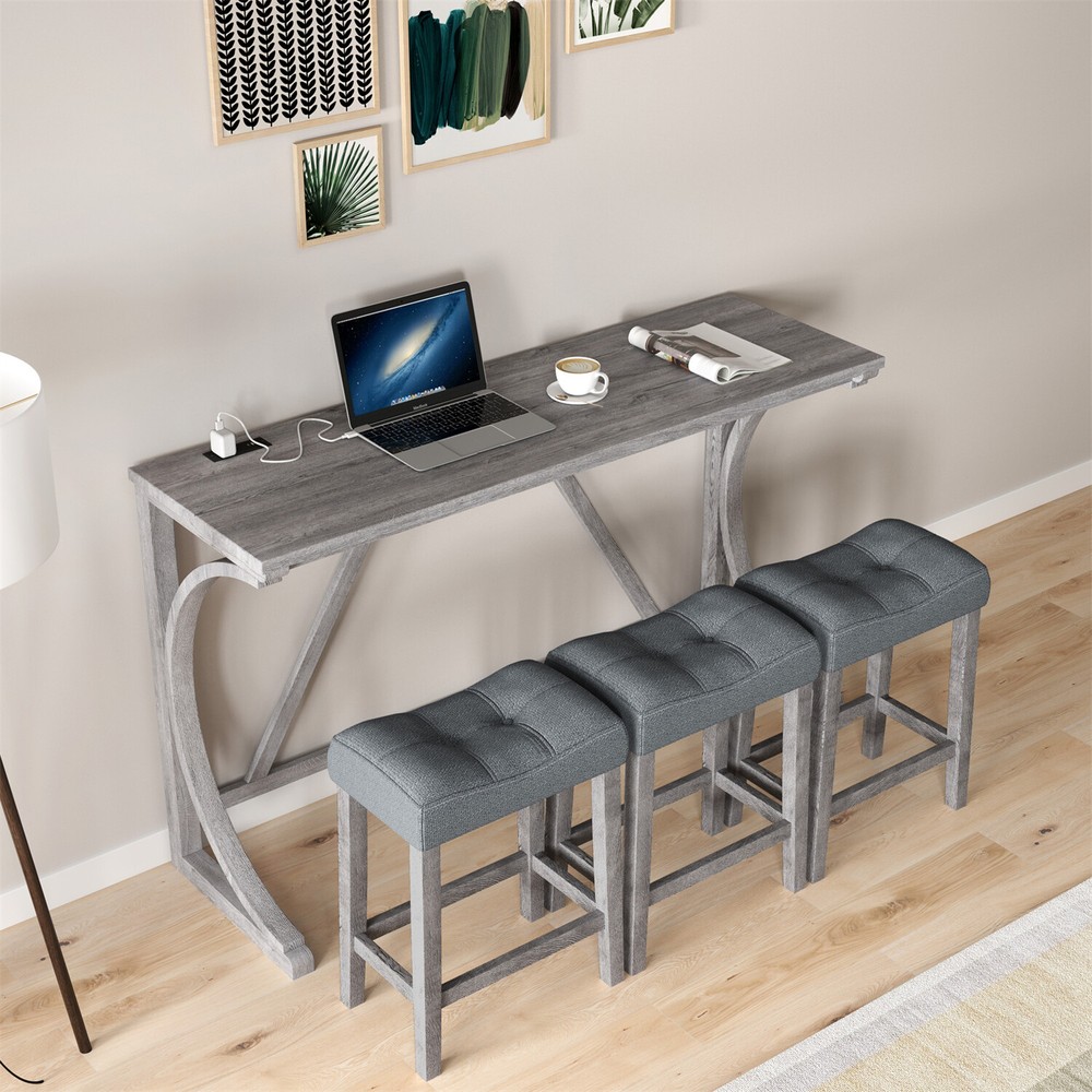 4 Piece Bar Table Set Counter Height Kitchen Dining Table with 3 Bar Stools US