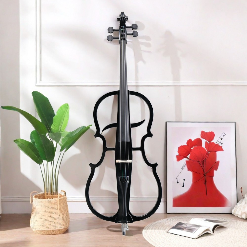 Black 4/4 Full Size Electric Cello Set With Earphone, Electric Violoncello Set