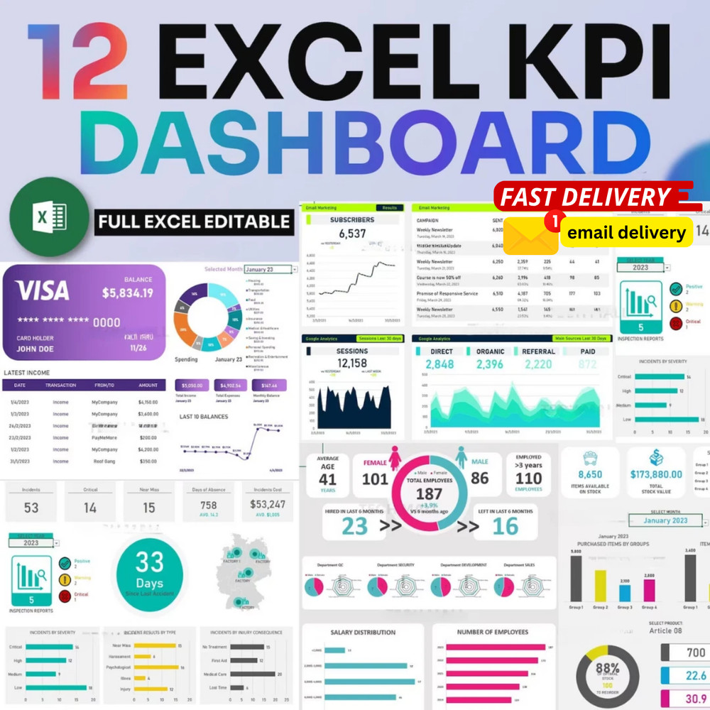 12 EXCEL KPI Data Dashboard | EXCEL Dashboard | Ready to use | Multipurpose use
