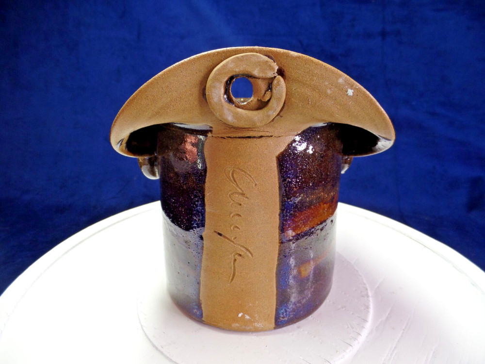 Wall Pocket/Planter Studio Pottery Glazed Handmade Blue Browns Signed