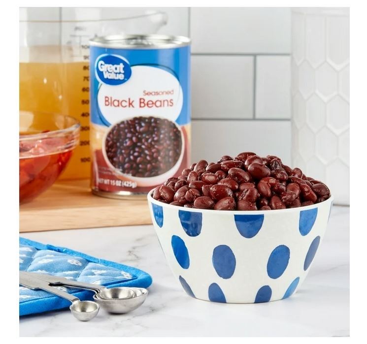 12 pack, Great Value Seasoned Black Beans, 15 oz Can.