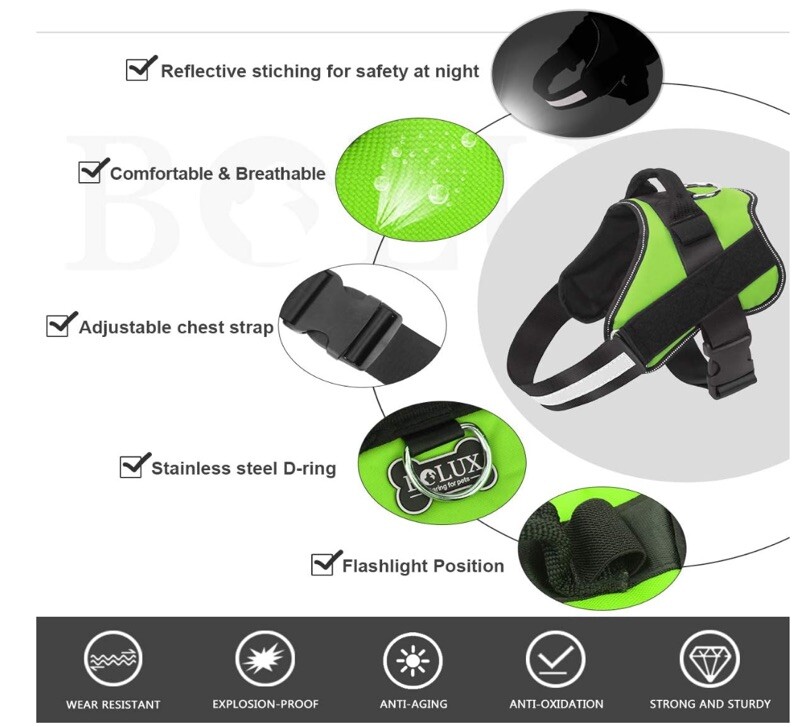 NWT Bolux Dog Harness Size S - Green- No Pull, Adjustable, Reflective