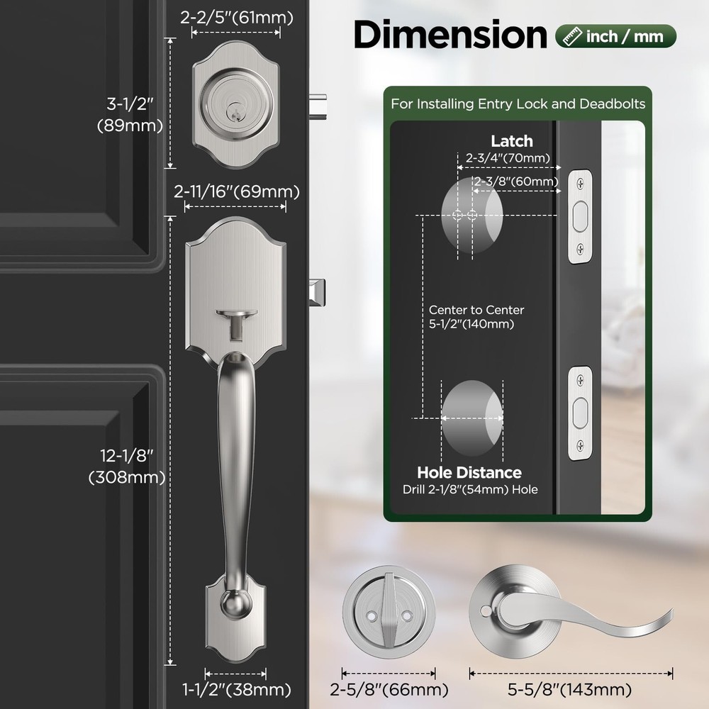 Silver Front Door Handle and Deadbolt Set, Classic Lock With Satin Nickel Ext...