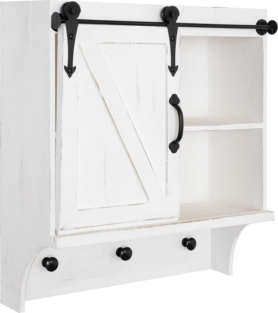Farmhouse Wall Organizer with Sliding Barn Door, 3 Knobs, White
