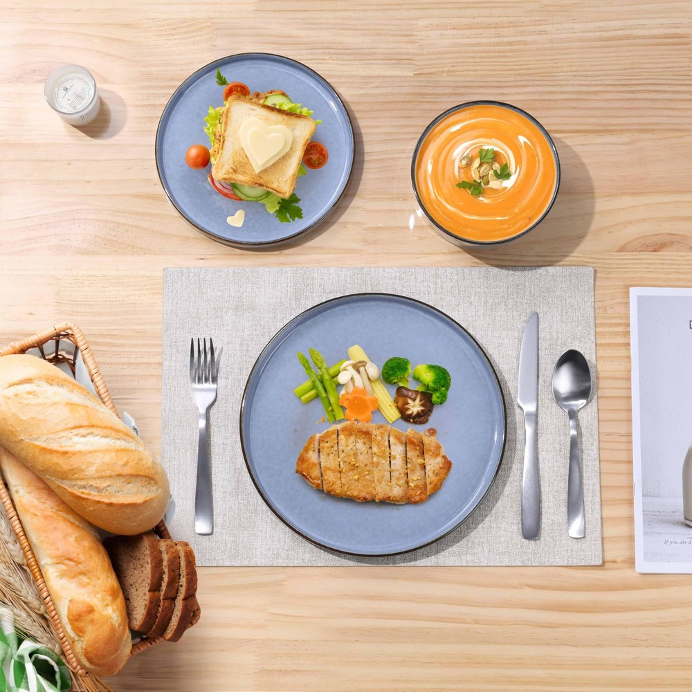 12-Piece Stoneware Dinnerware Set for 4, Dinner Plates and Bowls Sets, Double...