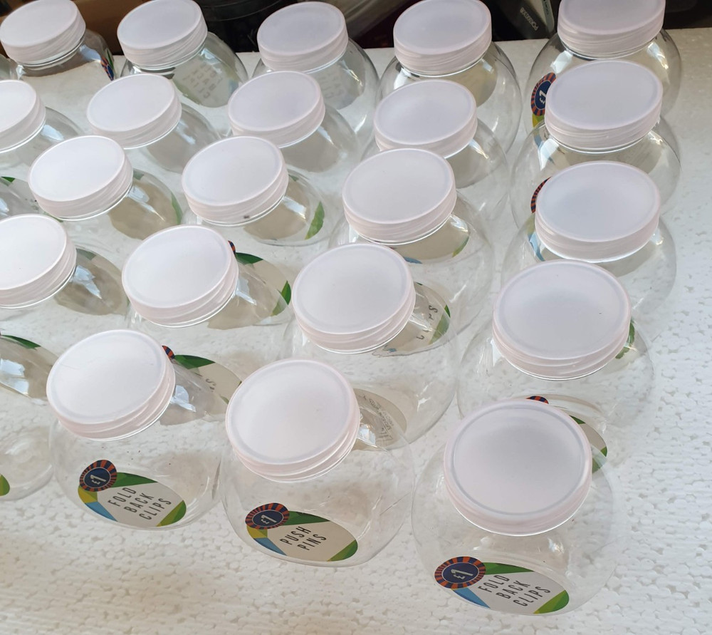50 Small Clear Round EMPTY Plastic Bottles off white Lids Props Display ReUse