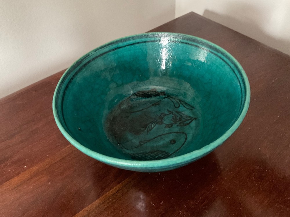 Antique Persian Blue Glazed Pottery Ceramic Footed Bowl Fish