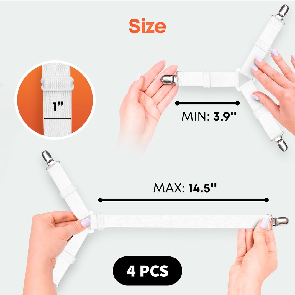 Bedding Sheet Straps Set, Durable Metal Clip Fasteners for Secure Hold, White