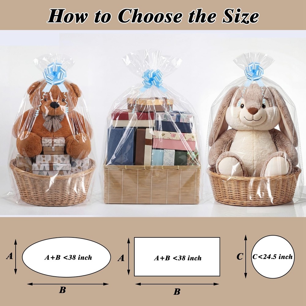12 PCS Extra Large Cellophane Bags 40x50 Inch Easter Wrap 12 Pull Bows