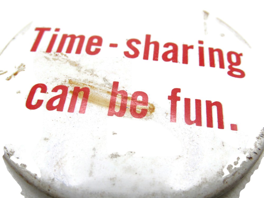 Vintage "Time-Sharing Can Be Fun" Pinback Button 70s 80s Computer Tech Slogan