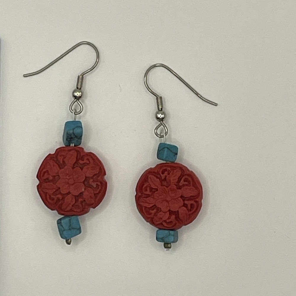 Cinnabar And Turquoise Dangle Earrings