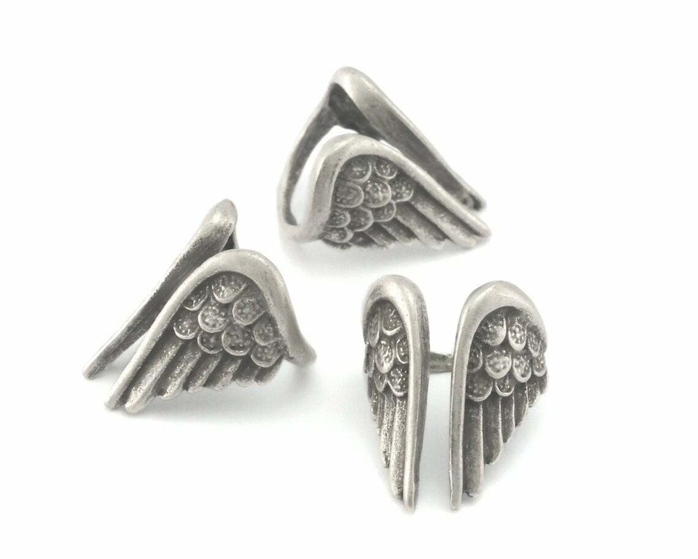 Angel wings adjustable statement ring Antique silver brass 6-8 US size 4286
