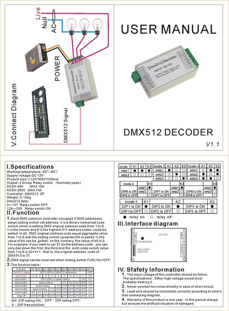 3 Channel 5A DMX512 Decoder Controller Relay Switch Kit DIY Converter DMX Dim...