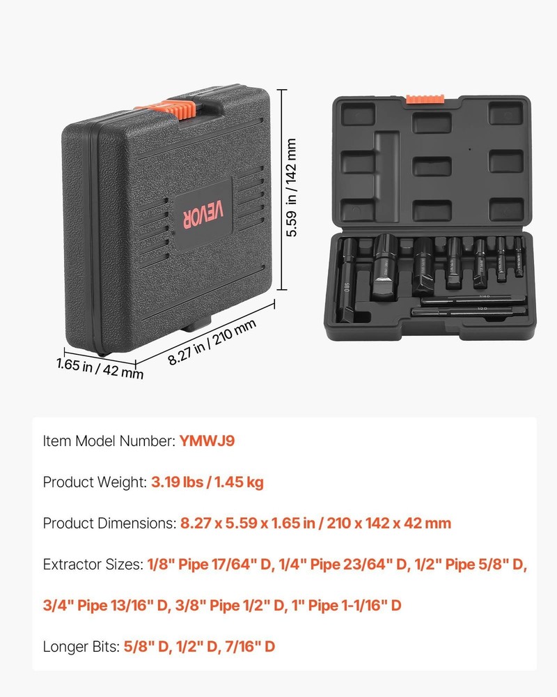 Pipe Extractor Set, 9 PCS Heavy Duty Steel Broken Pipe Extractors, w/ Solid Hand