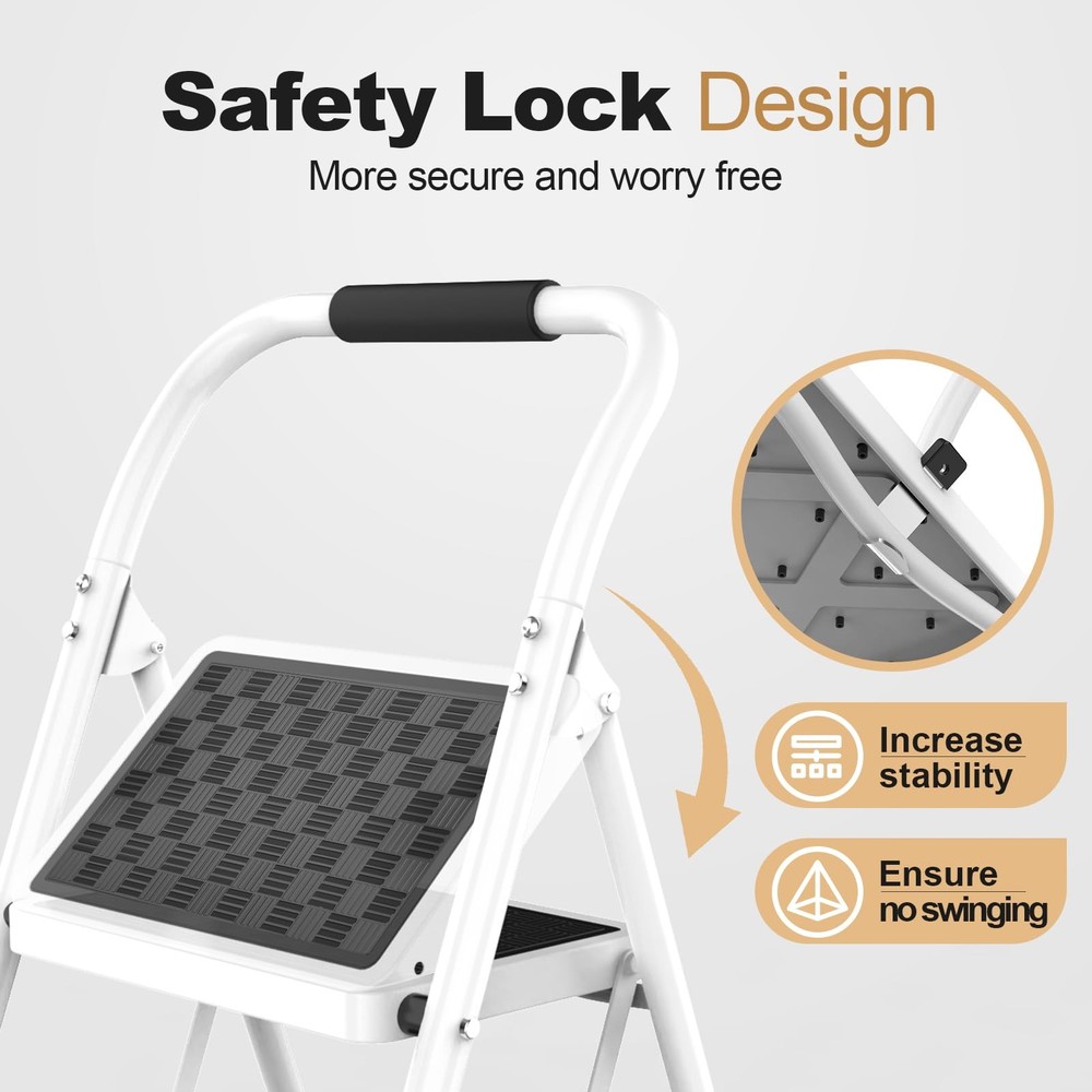 HBTower 2 Step Ladder,2 Stool for Adults Folding 2-Step, White
