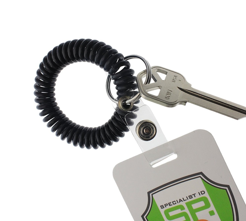 Bulk 25 Pack - Spiral Wrist Coil Key Chain with ID Badge Holder & Split Key Ring
