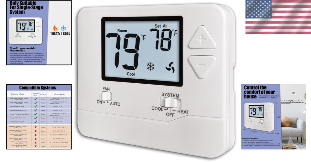 Efficient Non-Programmable Thermostat with White Backlight for Home HVAC Systems