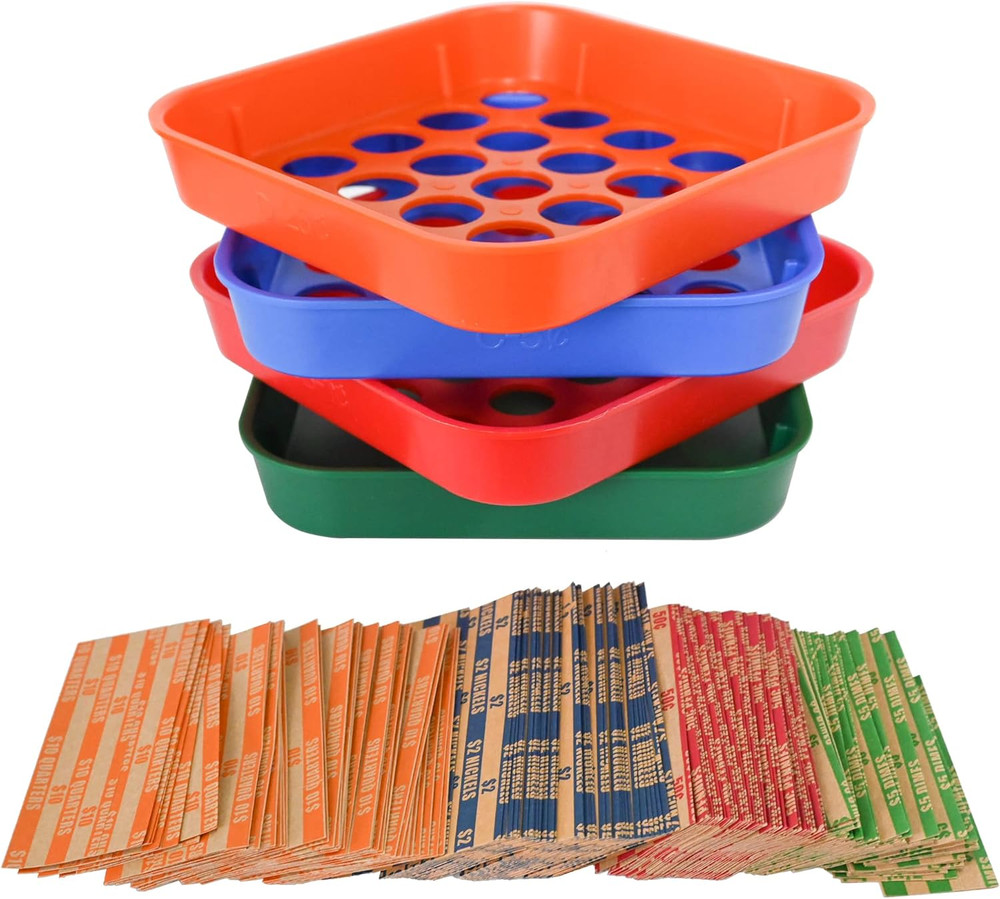 Coin Sorters Tray, 4 Color-Coded Coin Sorting Tray with 160 Assorted Coin Roll W