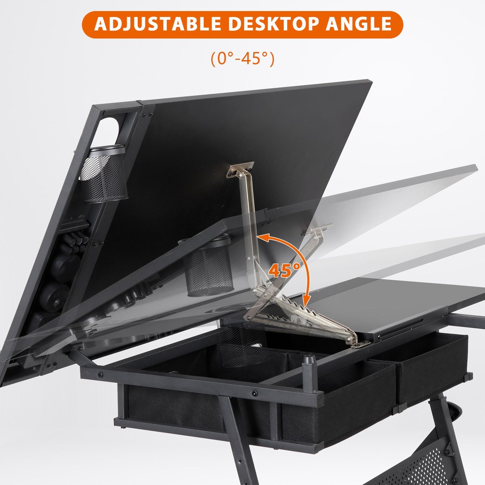 Drafting Desk Drawing Table 9 Levels Adjustable angle w/ Stool Arts Crafts Black