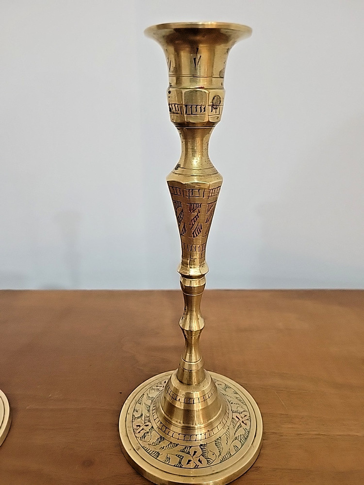 Vintage Brass Etched & Painted Candlesticks 8.5 inches