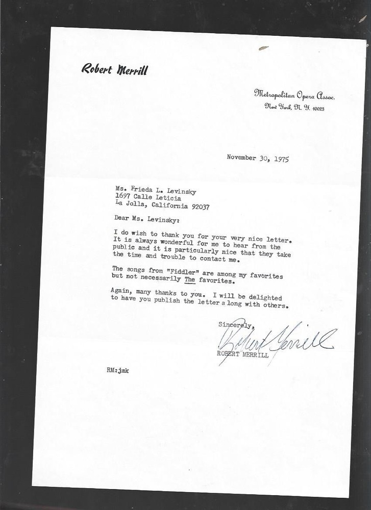 Hand Signed  1975 Robert Merrill autograph letter