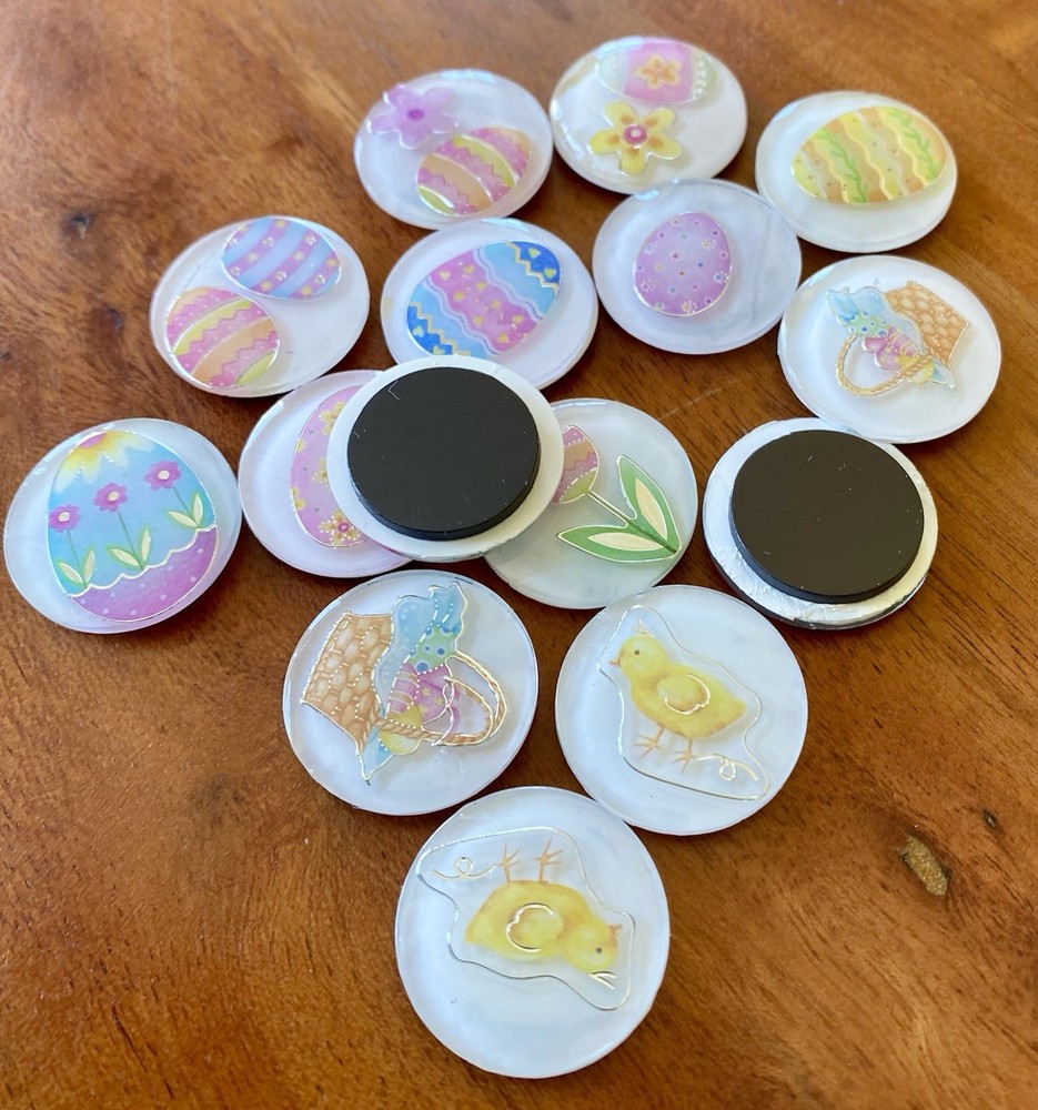 15pc 1” Handmade Fridge Magnet Set ~ EASTER ~ EGGS ~ BASKET ~ Flowers ~ SPRING