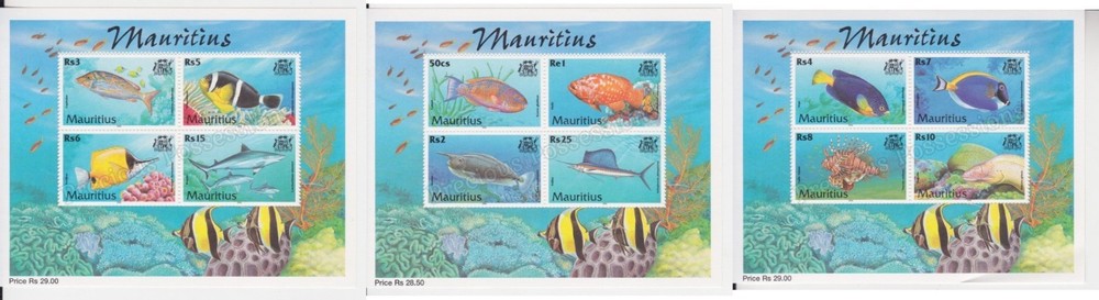 MAURITIUS MNH MINT STAMP SHEETS X 3 2000 FISH SET COMPLETE SLIGHT CREASE