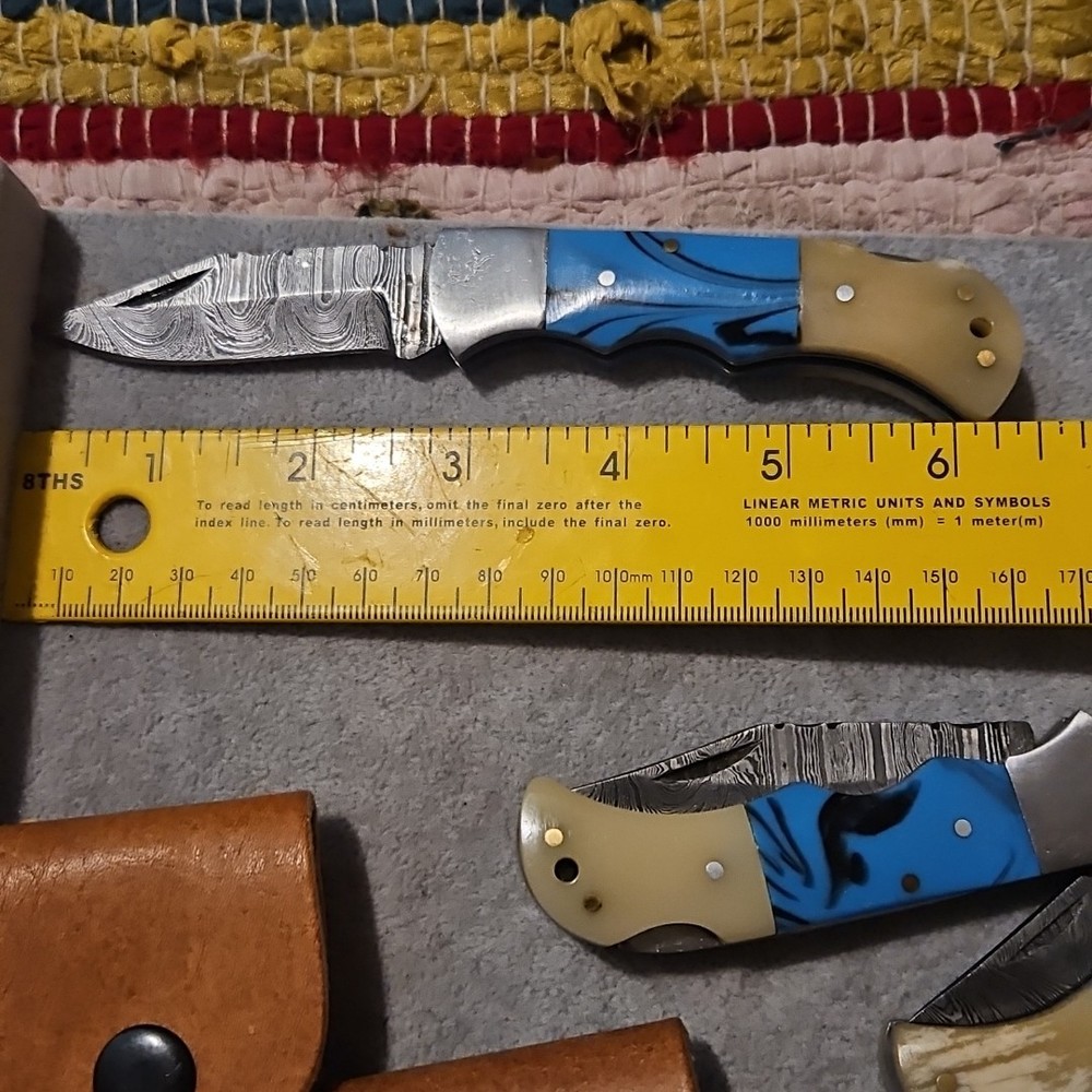 3 Damascus Folding Pocketknives Blue Bone Handle